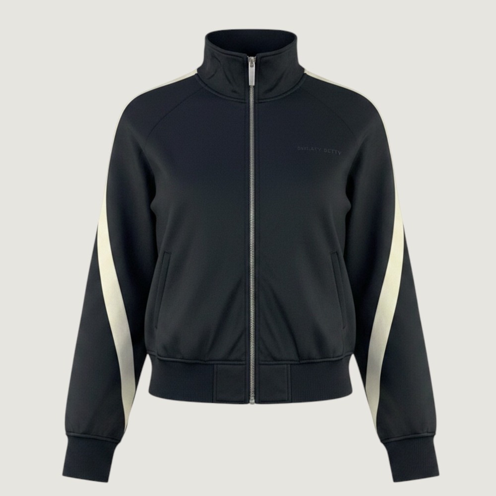 Sweaty Betty Retro Track Jacket Women L Black Cream Zip Up Activewear Gym